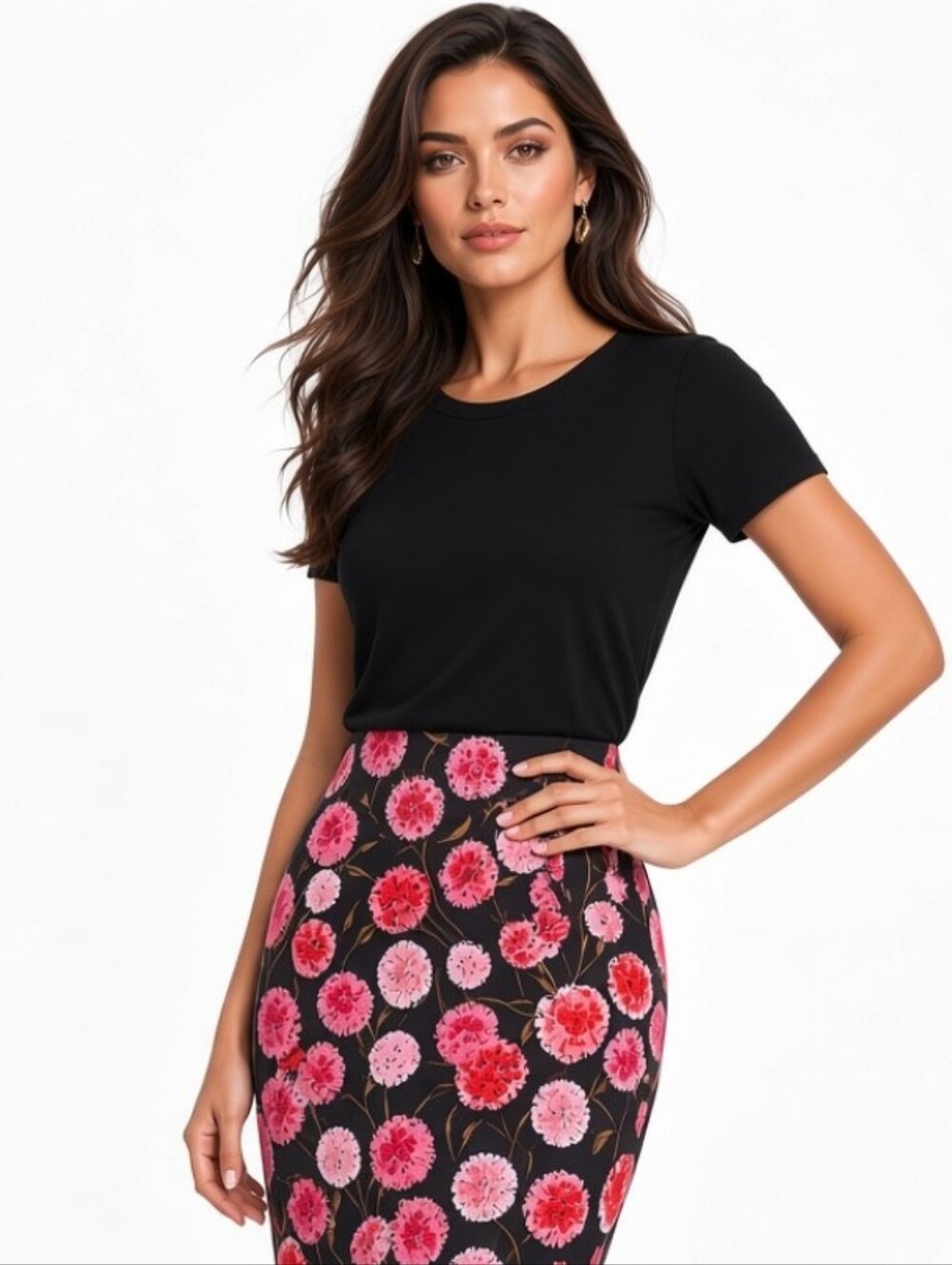 Talbots Petite Floral Pencil Cotton Skirt in Black w Pink Bouquet Print (Sz:4p)